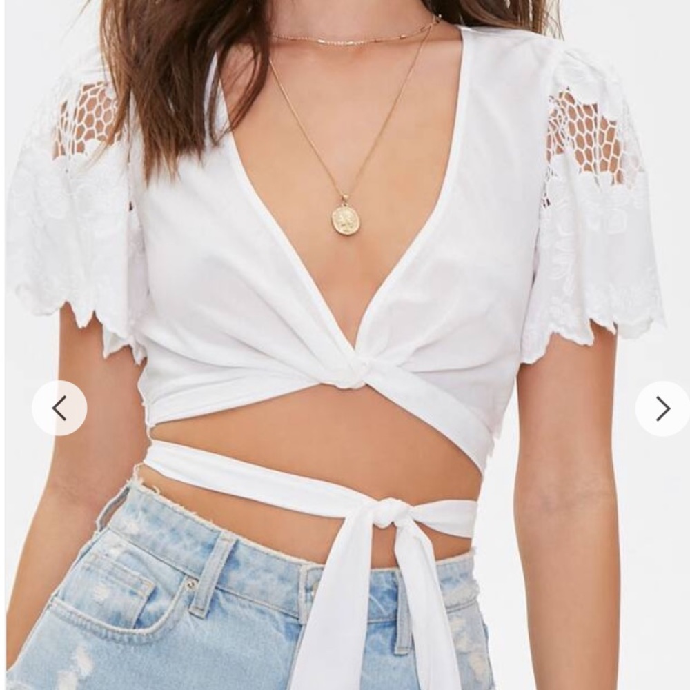Floral Crochet-Trim Wraparound Crop Top